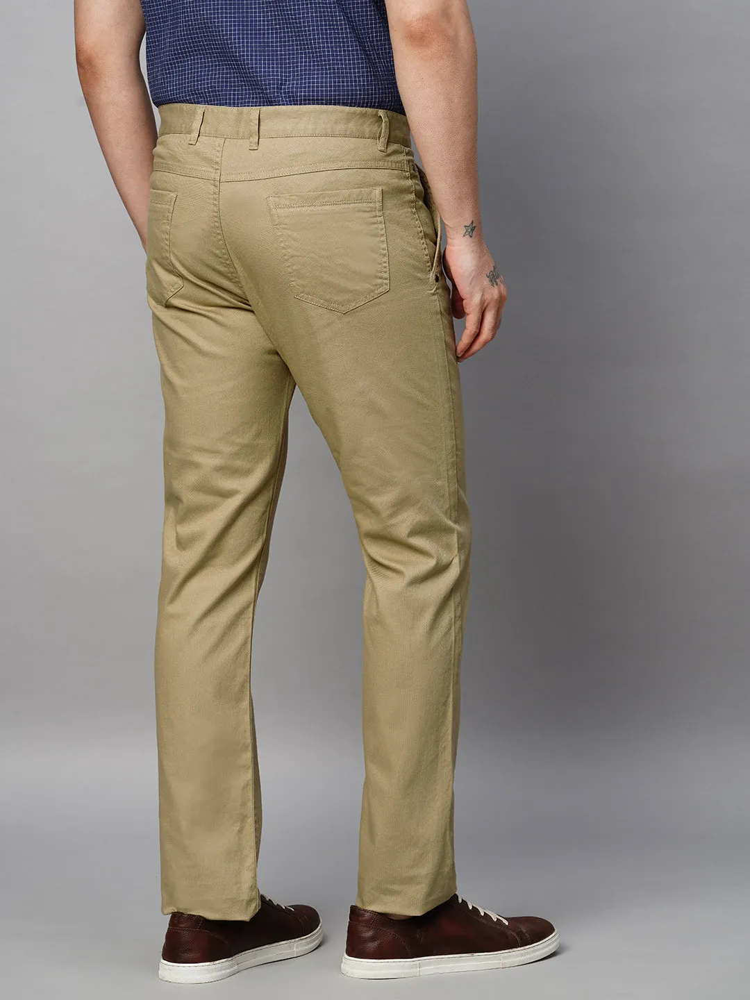 Men's Khaki Cotton Lycra Slim Fit Pant