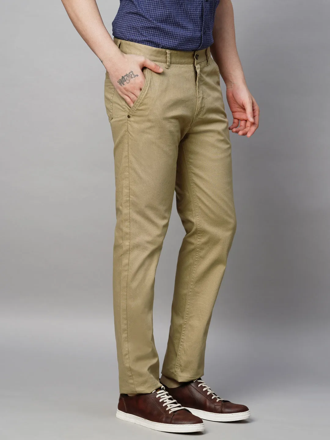 Men's Khaki Cotton Lycra Slim Fit Pant