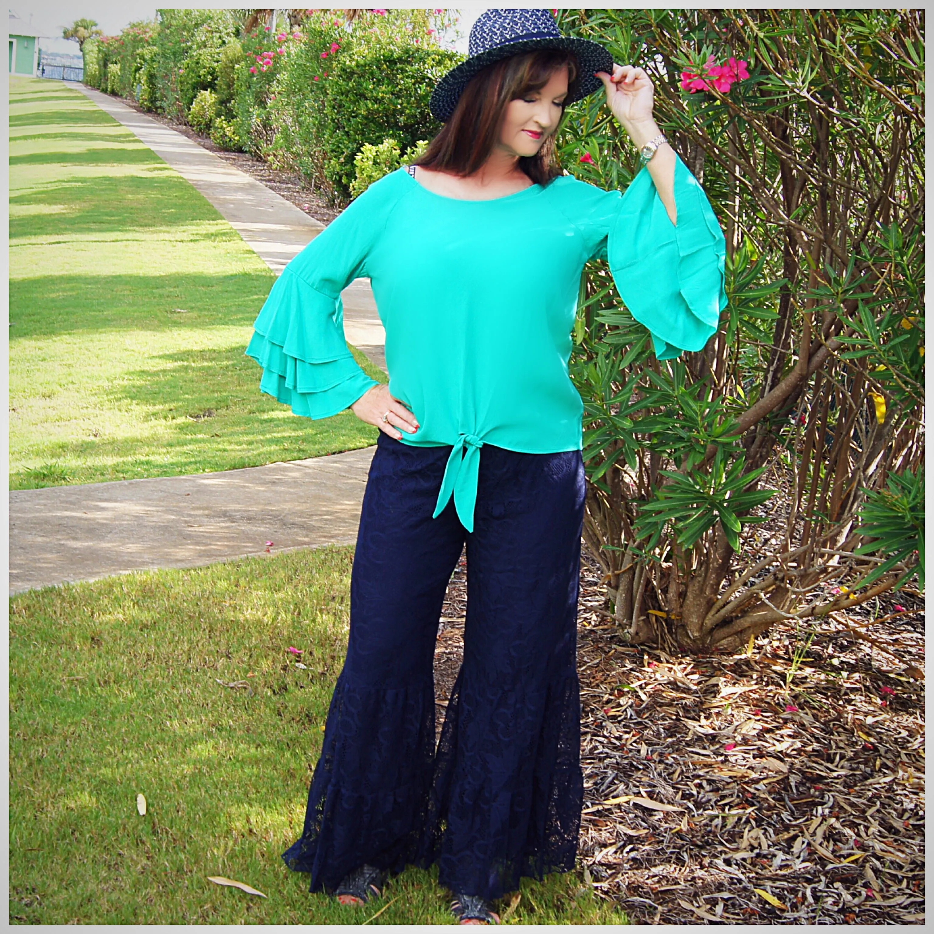 Navy Blue Lace Flare Bell Bottoms