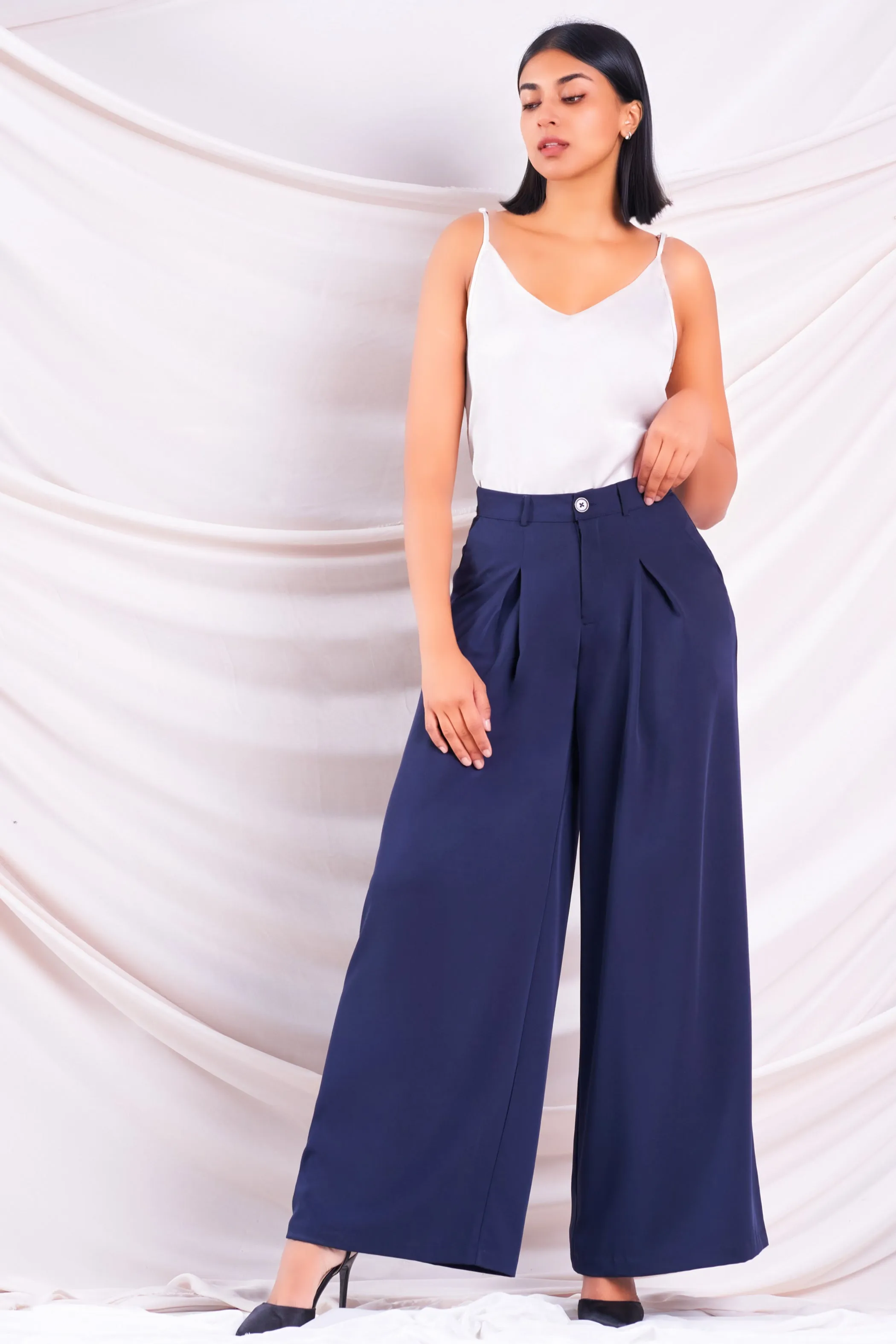 Navy Wide Leg Pleated Pant