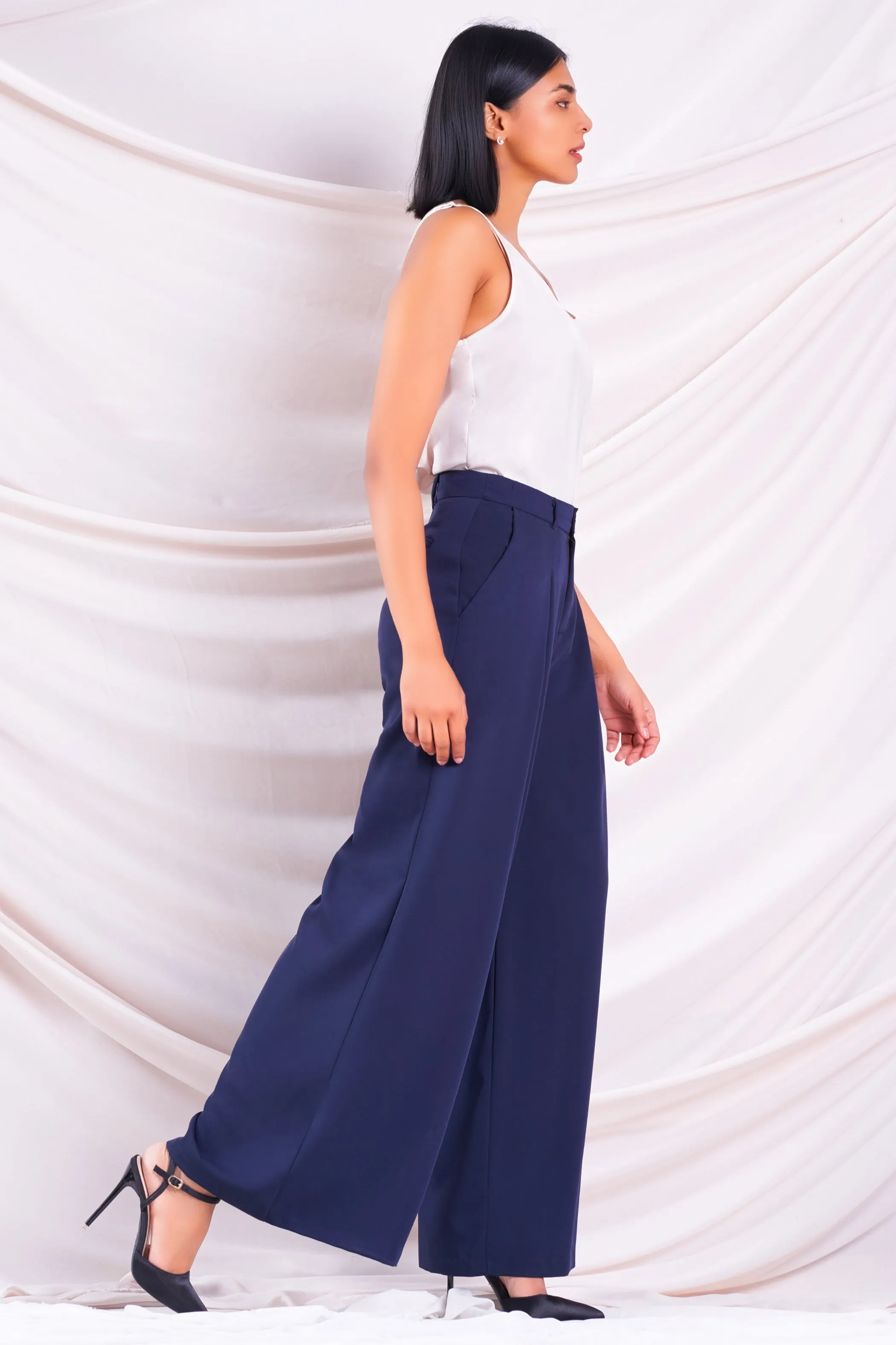 Navy Wide Leg Pleated Pant