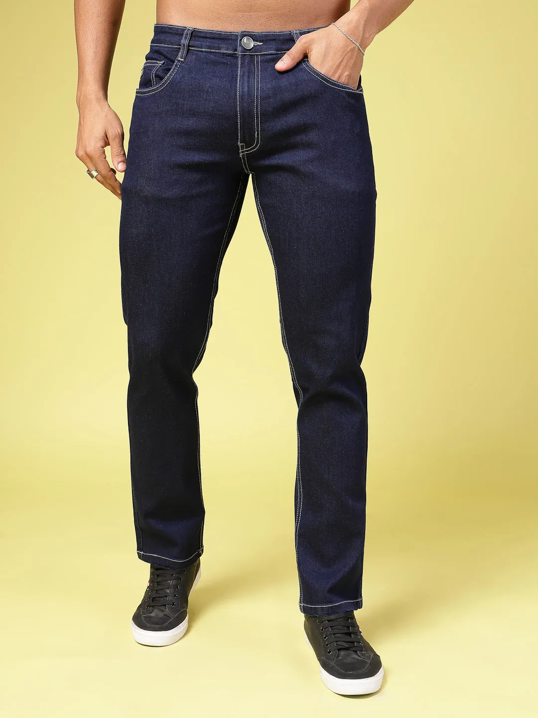 Solid Slim Fit Button Zipper Jeans