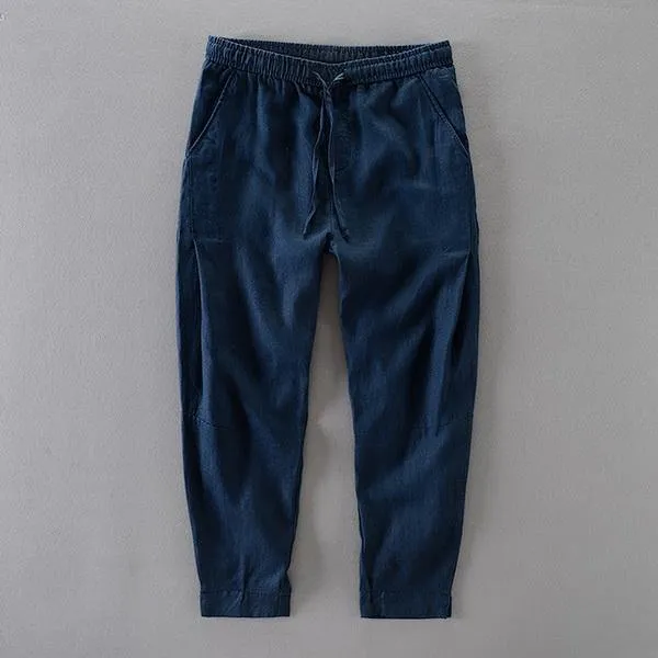 Spring summer 100% linen pants men brand trousers men ankle-length pants mens loose elastic waist wide leg trousers mens 30-40