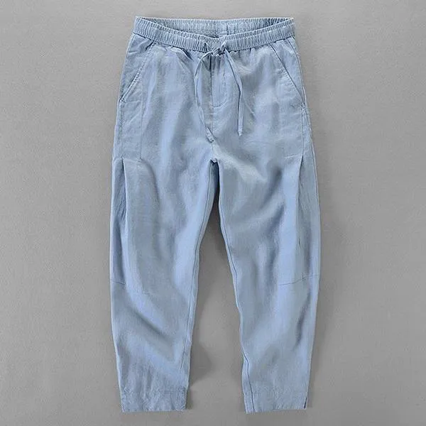 Spring summer 100% linen pants men brand trousers men ankle-length pants mens loose elastic waist wide leg trousers mens 30-40