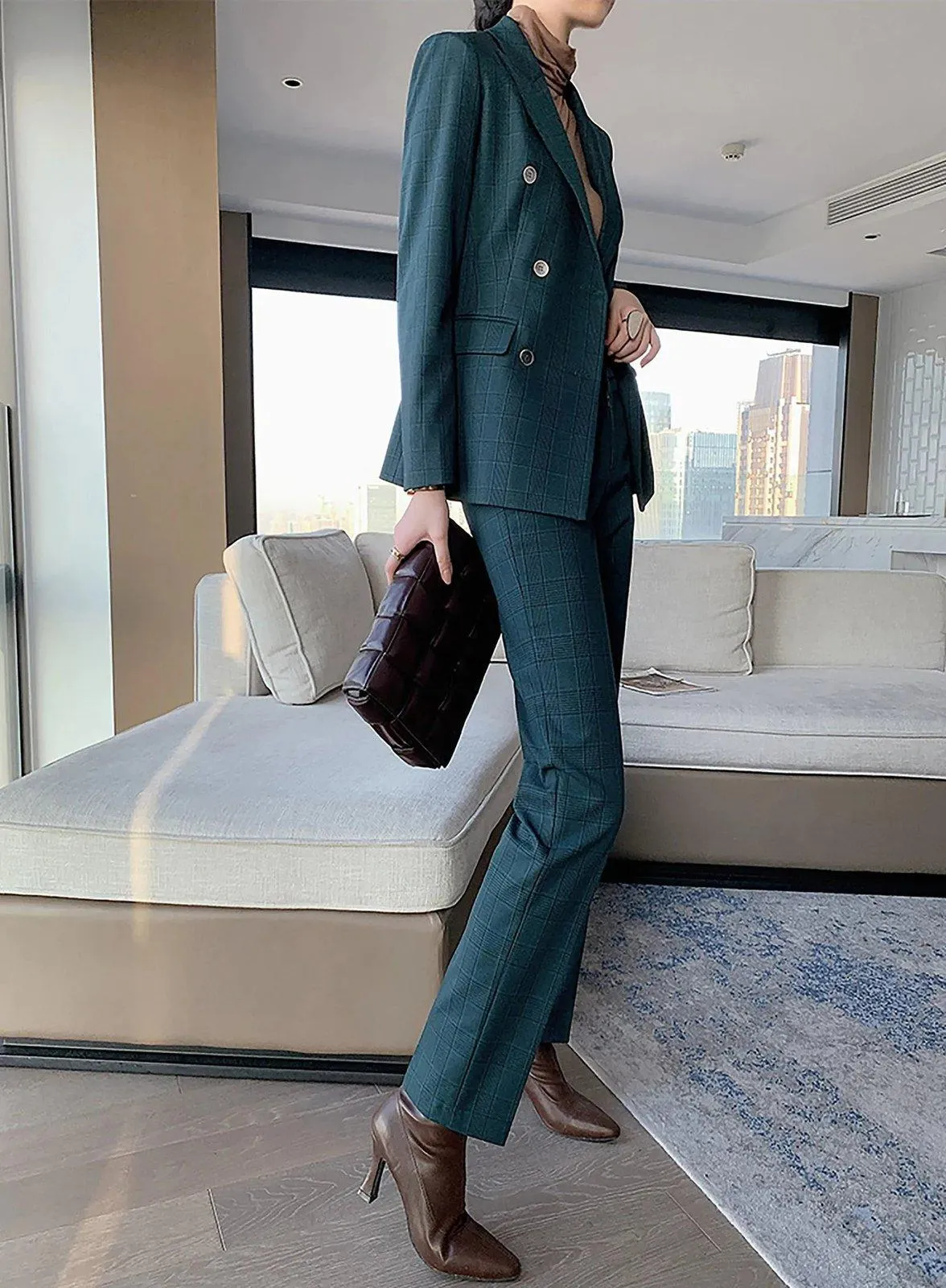 Teal Double Breasted Blazer & Slim Pants Set