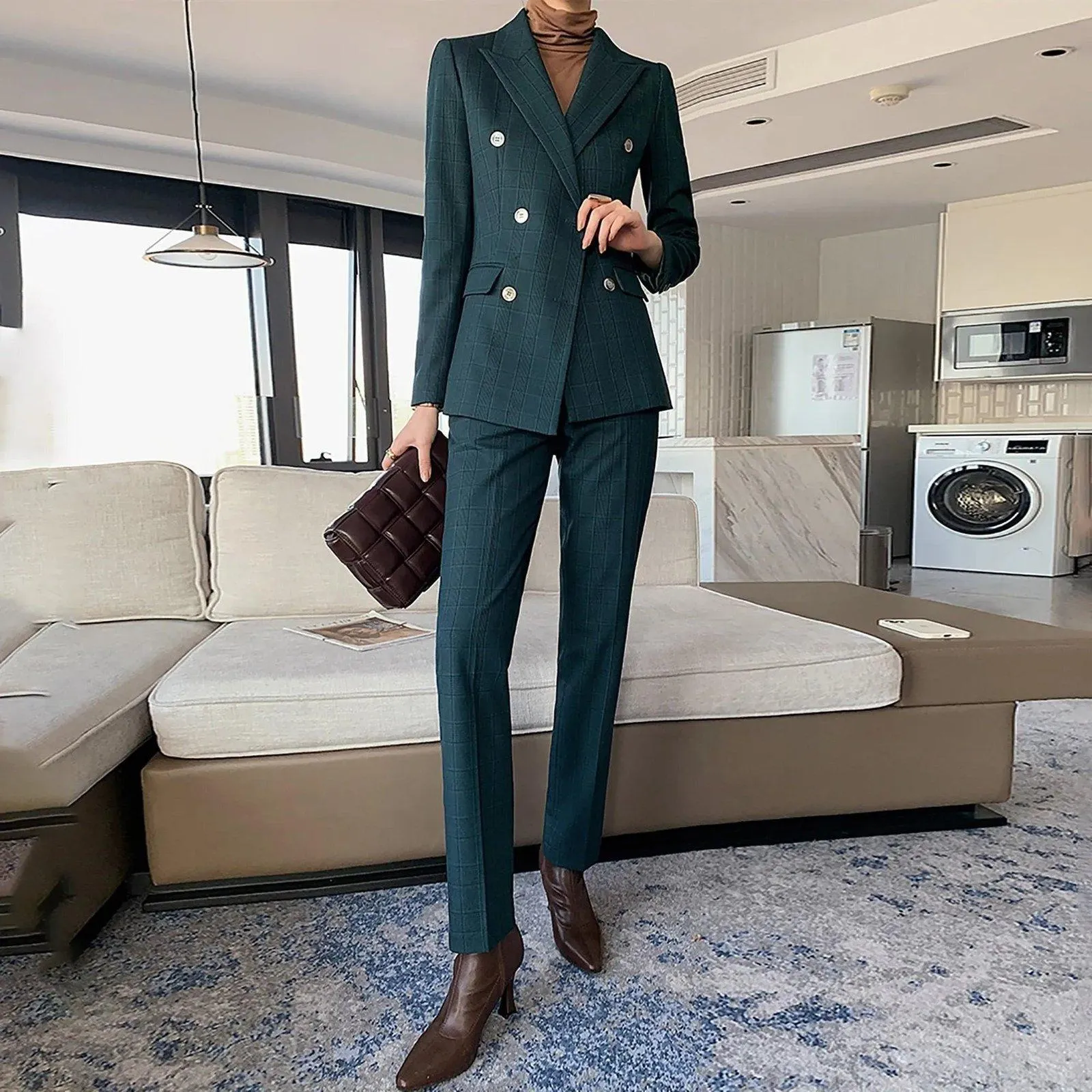 Teal Double Breasted Blazer & Slim Pants Set