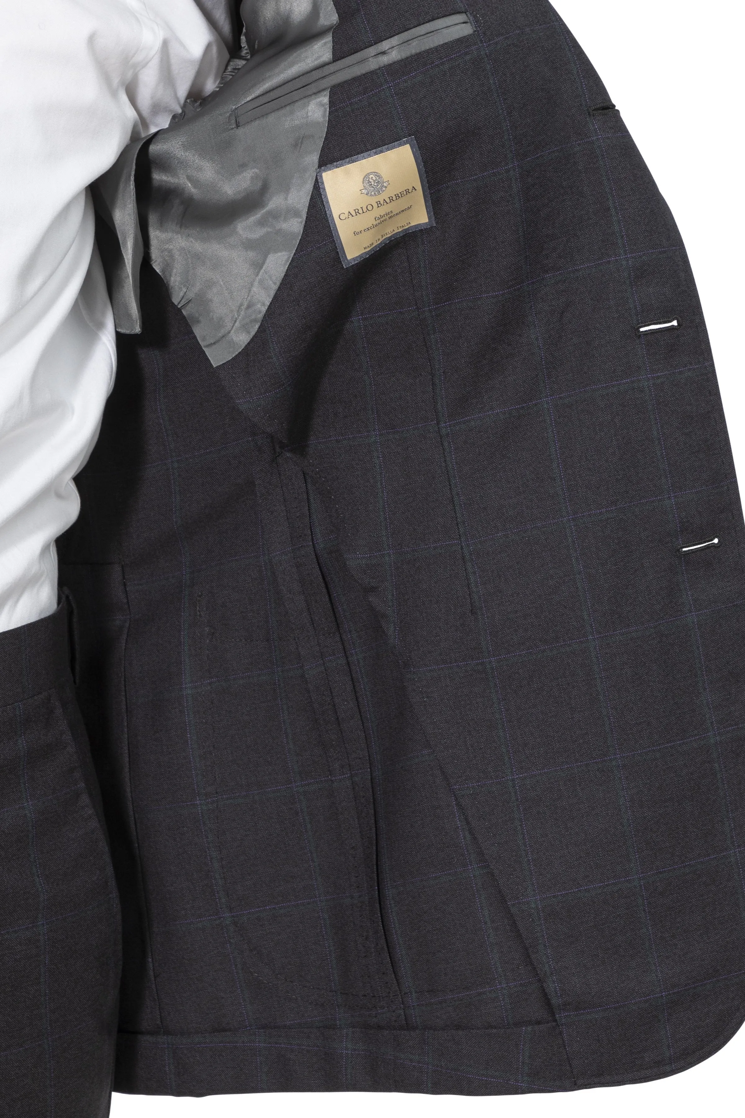 The Armoury by Ring Jacket Model 3A Dark Grey With Green-Purple Check Wool Suit