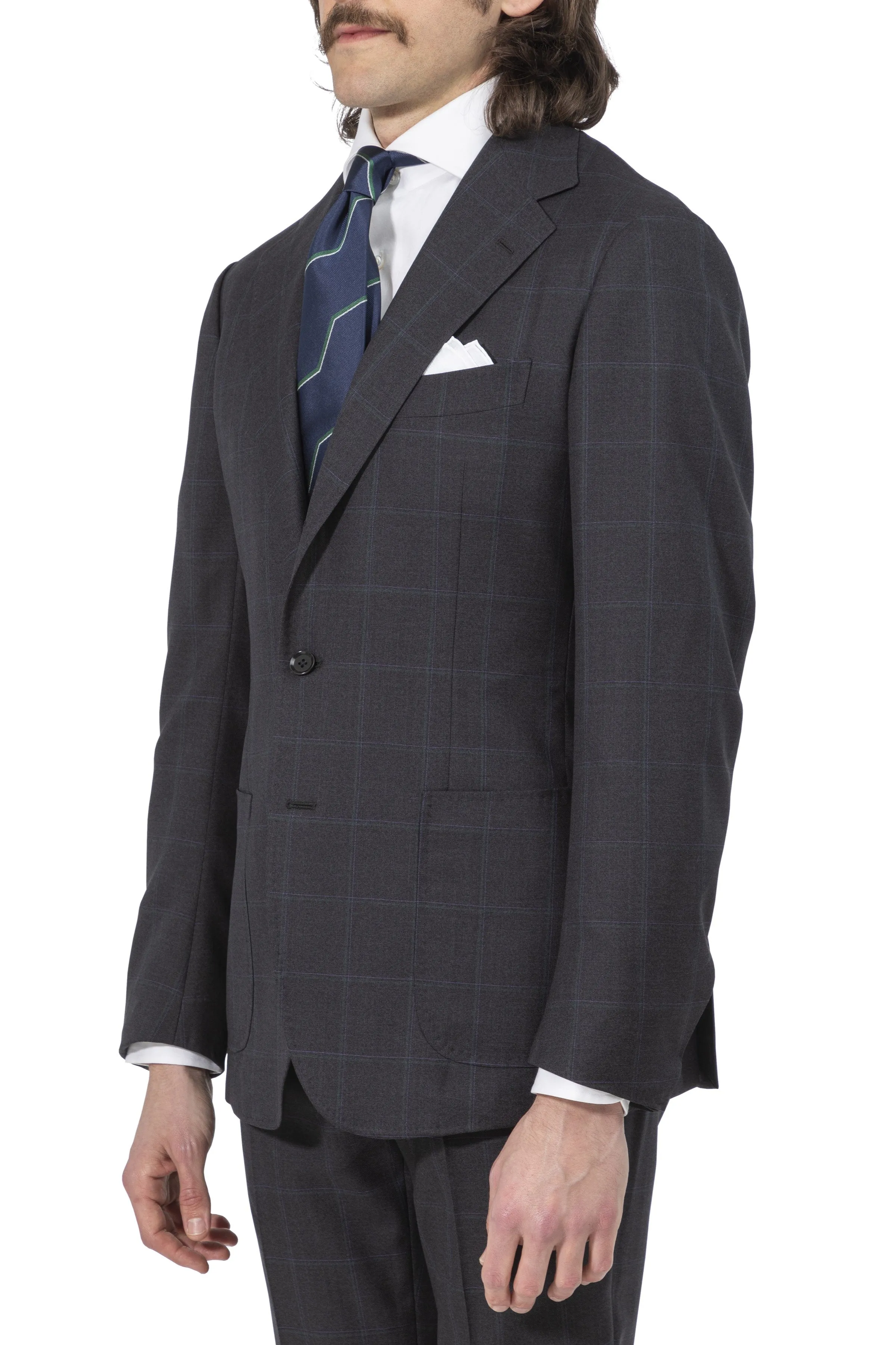 The Armoury by Ring Jacket Model 3A Dark Grey With Green-Purple Check Wool Suit