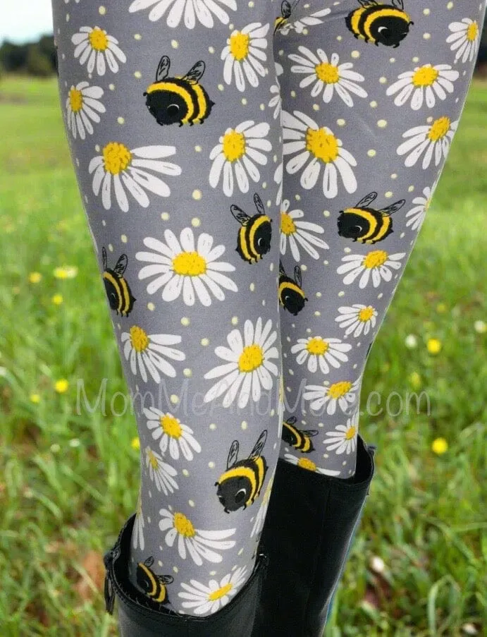 Womens Daisy Bee Leggings, Soft Yoga Pants, Sizes 0-22, Gray/Yellow