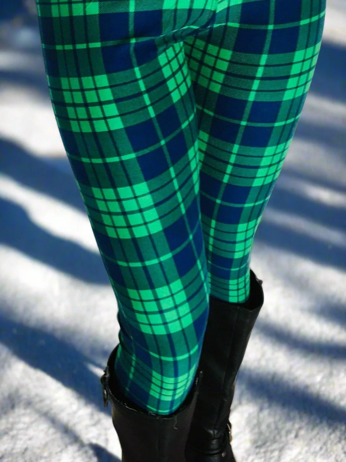 Womens Green Blue Christmas Plaid Leggings, Soft Yoga Pants, Sizes 0-18, No-Roll Waist, Blue/Green